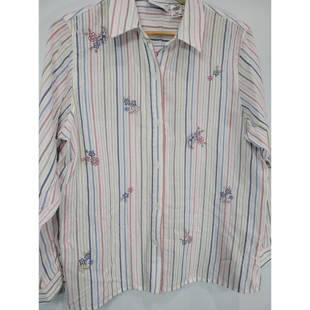 Alfred Dunner Womens Striped Floral Embroidered Button Down Shirt Size 14 - Picture 2 of 7